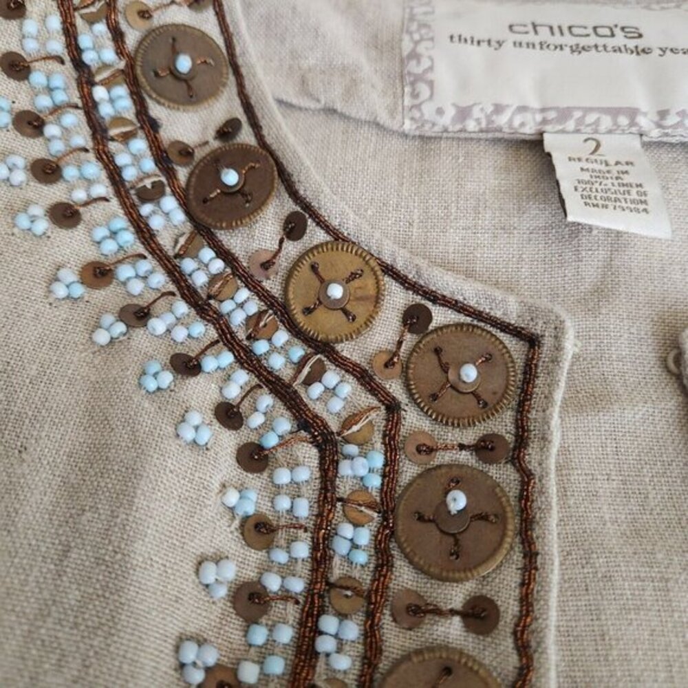 Chicos Jacket Women's 2 L 12 Embellished 100% Linen 3/4 Sleeves Tan Boho Casual - Picture 10 of 15